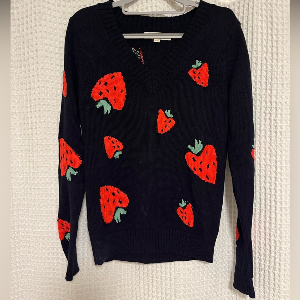 Navy V-neck sweater with strawberry’s!